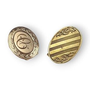 Antique Lingerie Clip Lot Of 2 Oval C Initial Gold Filled Striped Brass 1900s